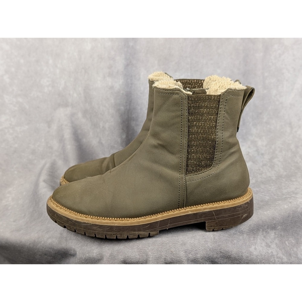 Toms Kids Olive Green Faux Fur Lined Chelsea Boots Side Zip Size 3